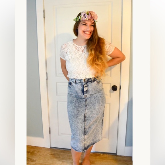 Vintage High Waisted Acid Wash Jean Denim Pencil Skirt Size Large / 12 - Picture 1 of 6